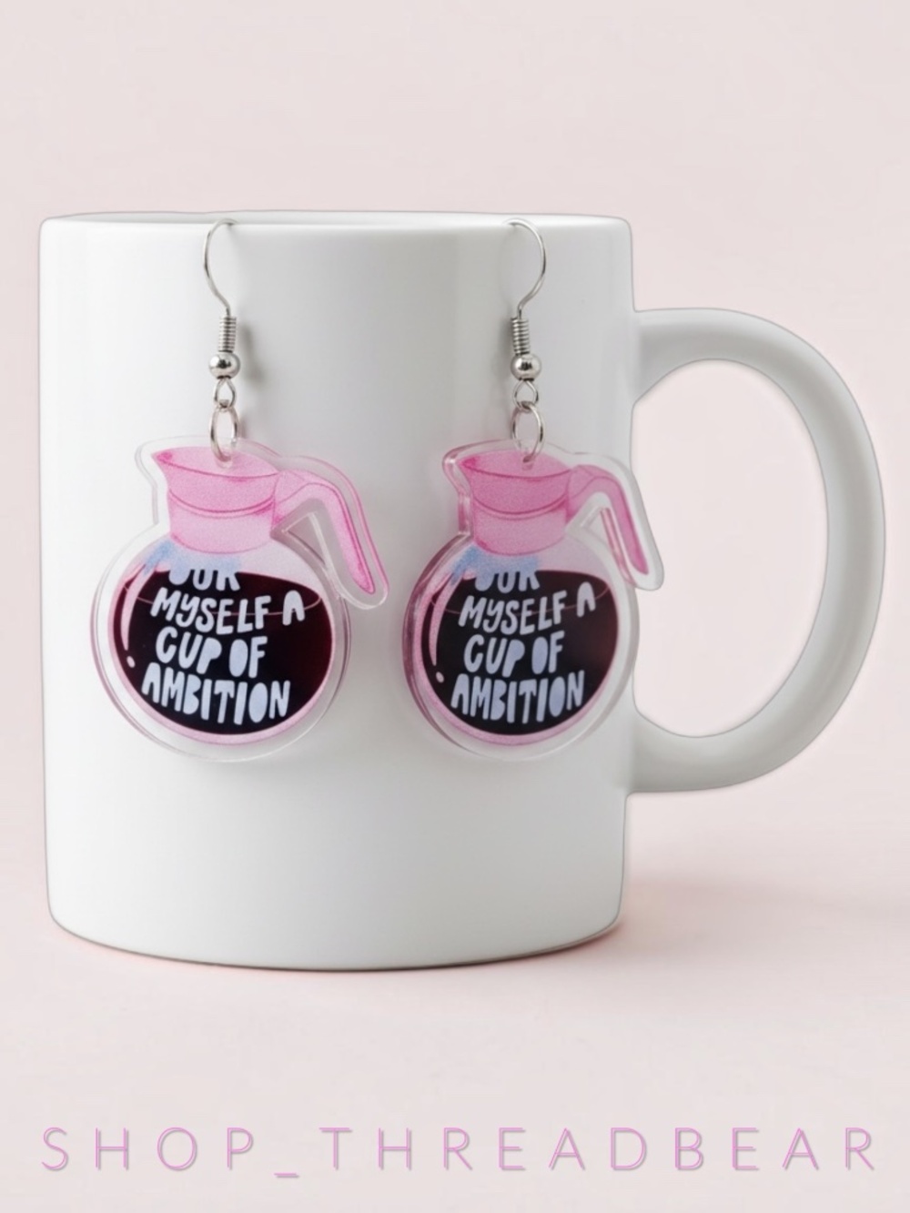 NWOT [Dolly Parton] Clever Pink & Silver 80s Coffee Pot Ambition Dangle Earrings